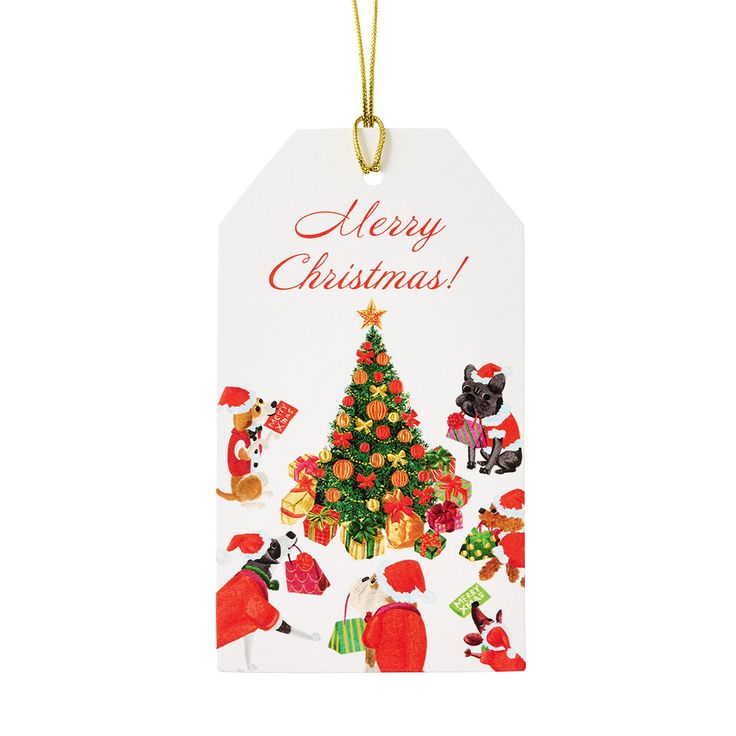 a christmas tag with an image of a tree and other holiday decorations hanging from it