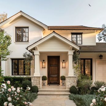 a white house with lots of windows and flowers in front of the entrance door,