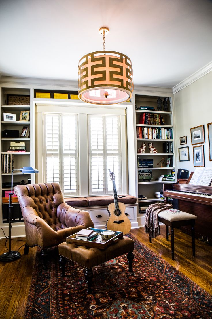 a living room filled with furniture and a guitar