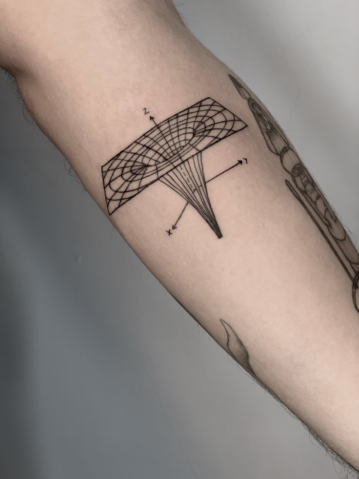 a man's arm with a tattoo on it that has an image of a kite flying in the sky