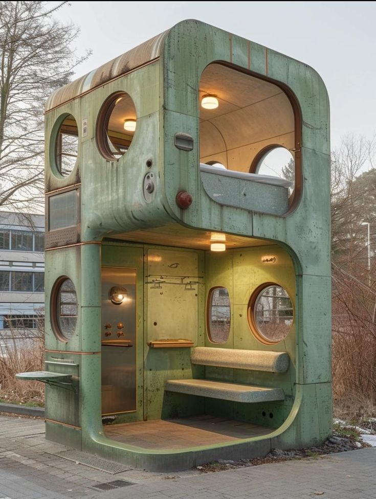 an unusual looking green building with lots of windows