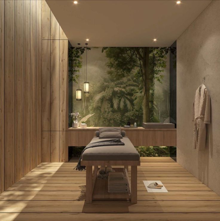 a spa room with wooden floors and walls