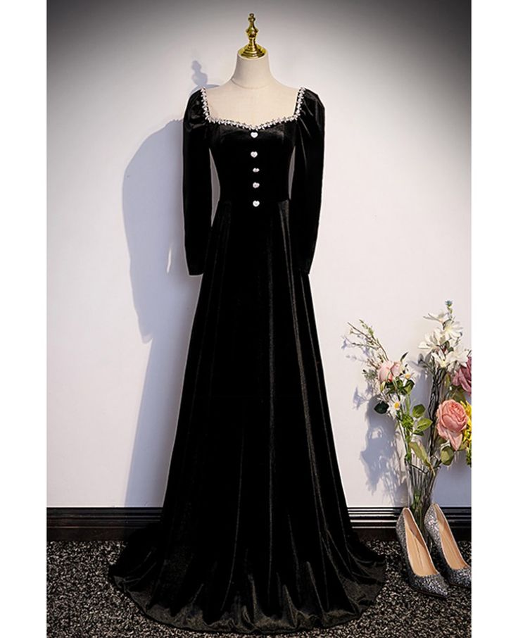 Get 10% off now! Buy retro long black velvet evening dress with long sleeves at cheap price online. Free stable shipping and pro custom service since 2009. Black Floor-length Evening Dress For Winter, Black Velvet Dress For Formal Winter Occasions, Black Velvet Dress For Winter Formal, Long Sleeve Velvet Evening Dress, Winter Black Velvet Dress For Formal Occasions, Winter Formal Black Velvet Dress, Winter Black Velvet Formal Dress, Black Velvet Floor-length Dress For Formal Occasions, Black Velvet Long Sleeve Evening Dress