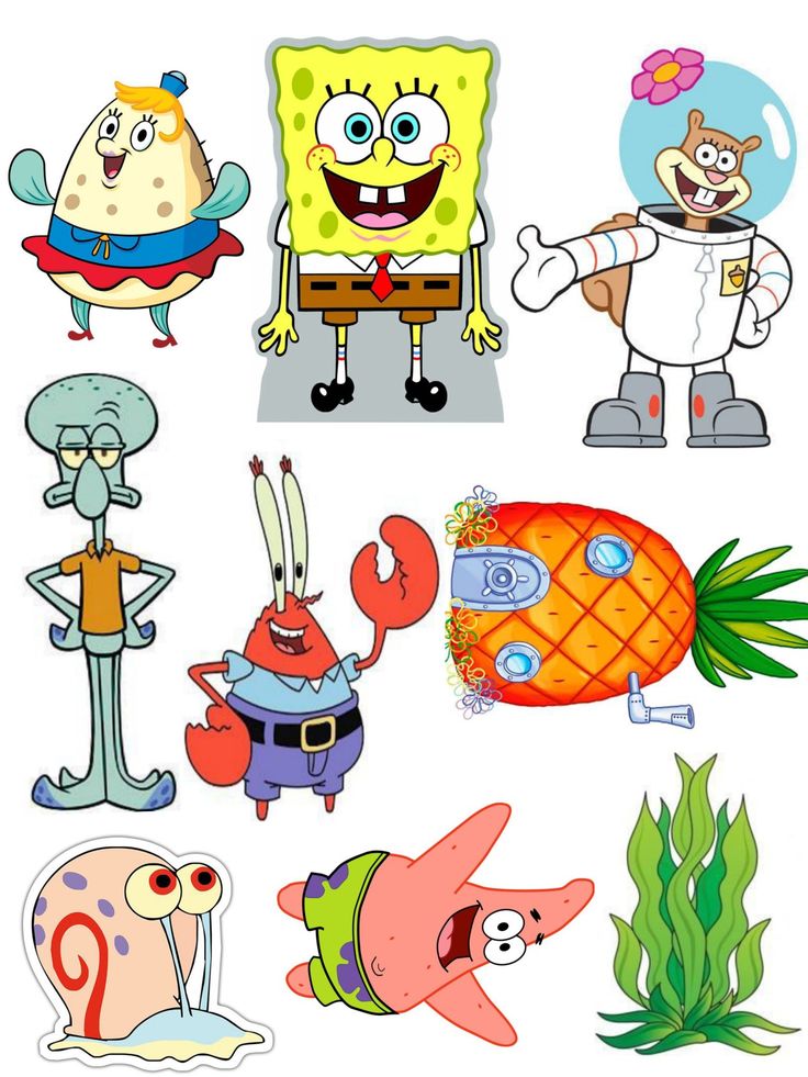 various cartoon characters are grouped together in this image, including spongebob and friends