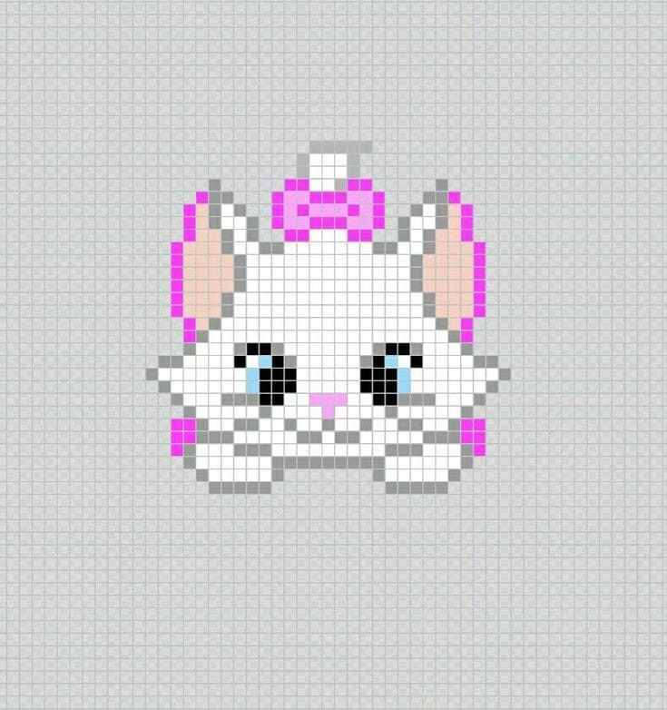 a cross stitch cat with a pink bow on it's head is shown in the middle