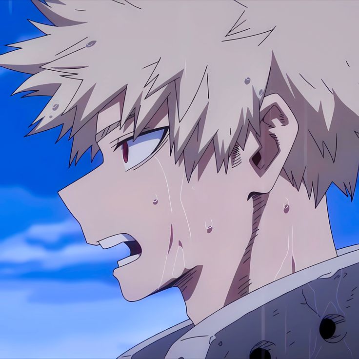 an anime character with white hair and grey eyes looking off into the distance in front of blue sky