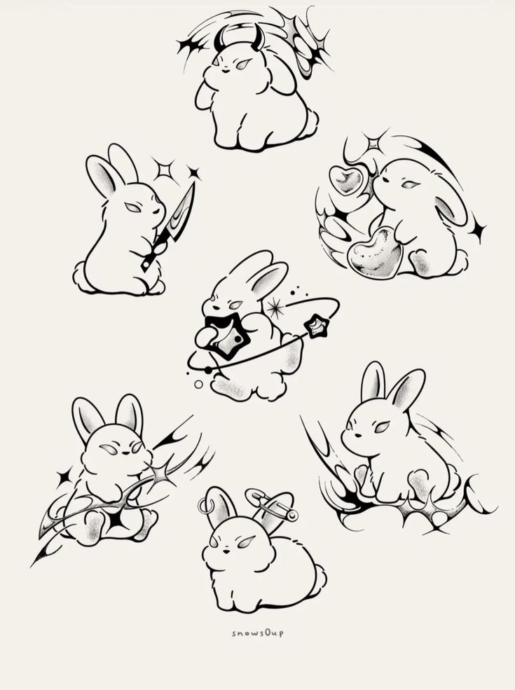 some drawings of rabbits and other animals in black and white, with the words bunny on them