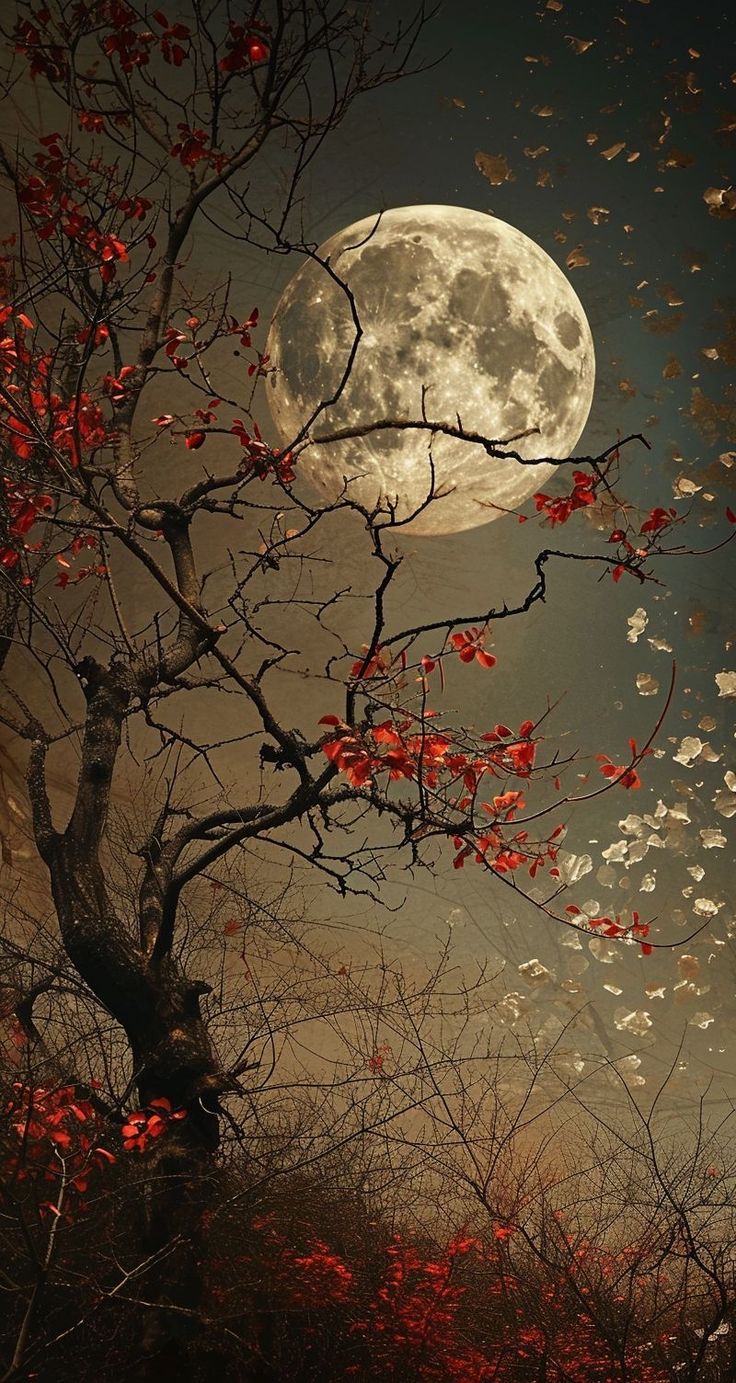 the full moon shines brightly in the night sky behind a tree with red leaves