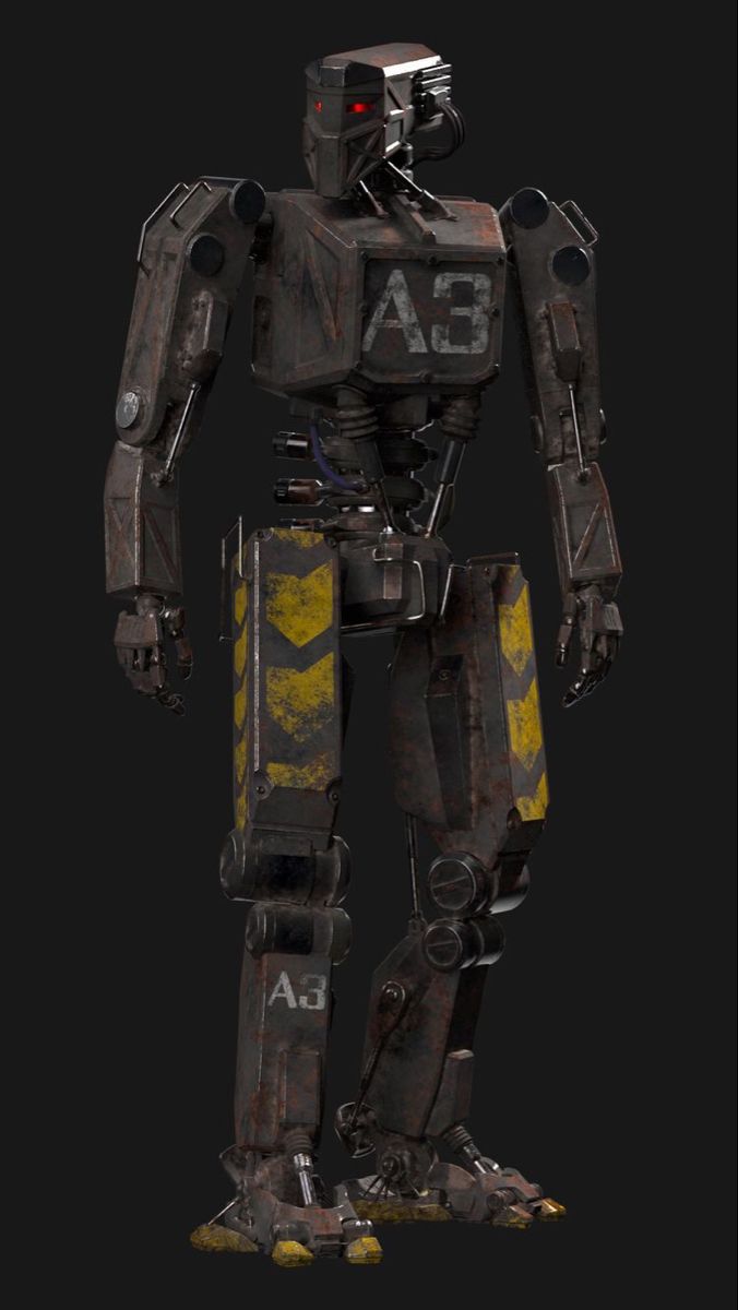 a robot that is standing in the middle of a black background with yellow letters on it