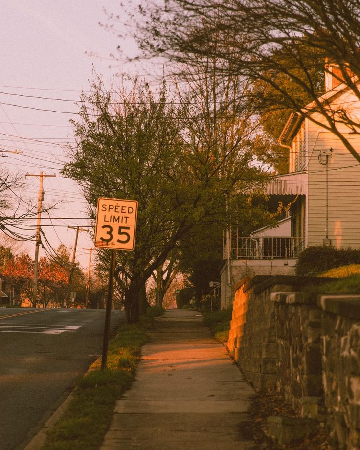 a street sign sitting on the side of a road next to a tree lined sidewalk