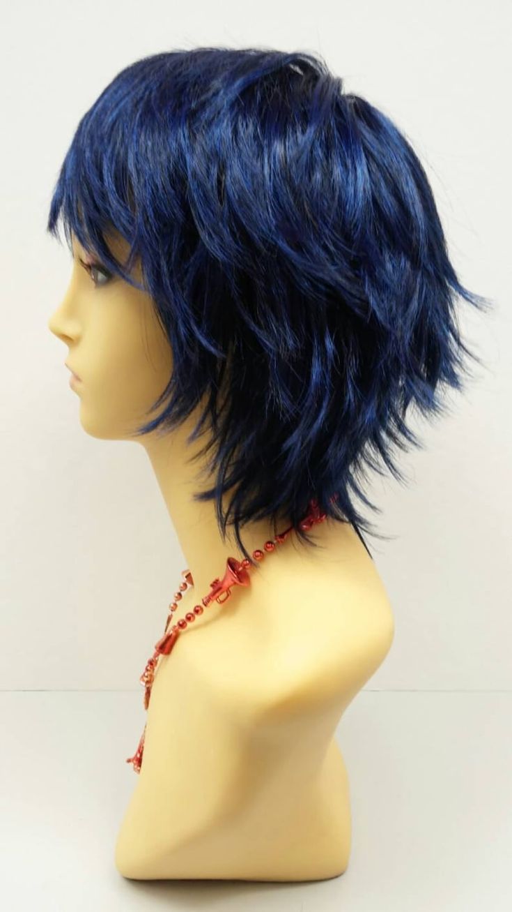 Short Layered Wind Blown Shag Style Midnight Blue Cosplay Wig. | Etsy Blue Cosplay Wig, Blue Cosplay, Wig Costume, Short Shag Haircuts, Shaggy Short Hair, Mullet Haircut, Short Shag Hairstyles, Hair Inspiration Short, Holiday Costumes