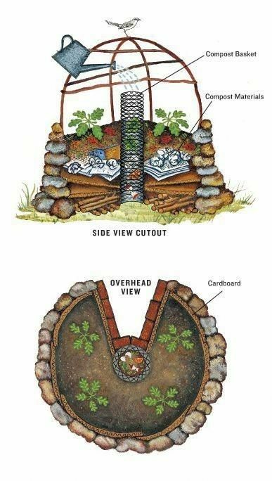 two different views of a garden with rocks and plants in the center, side view cutout and overhead view