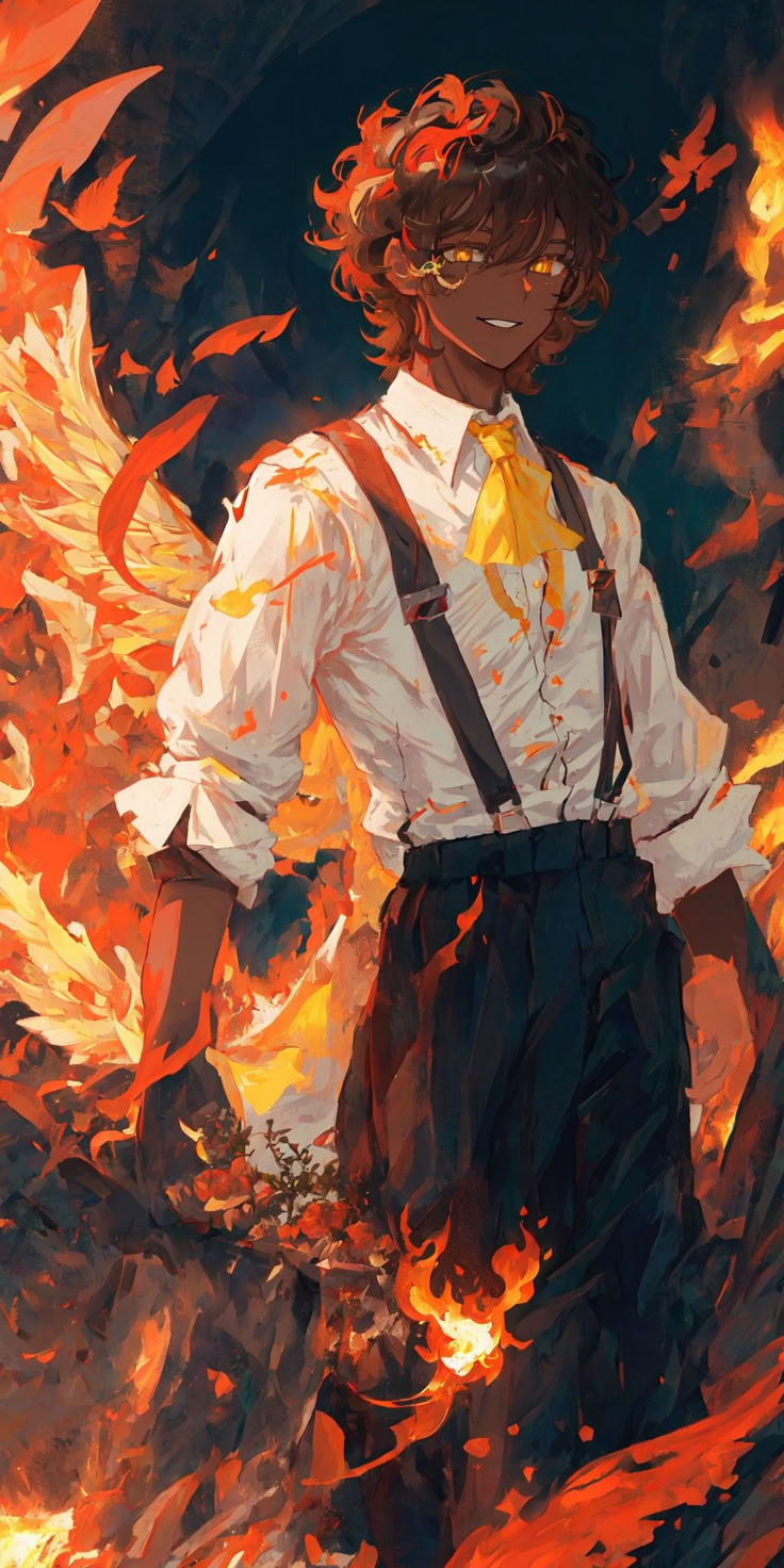 a man standing in front of a fire with his hands on his hips and wearing suspenders