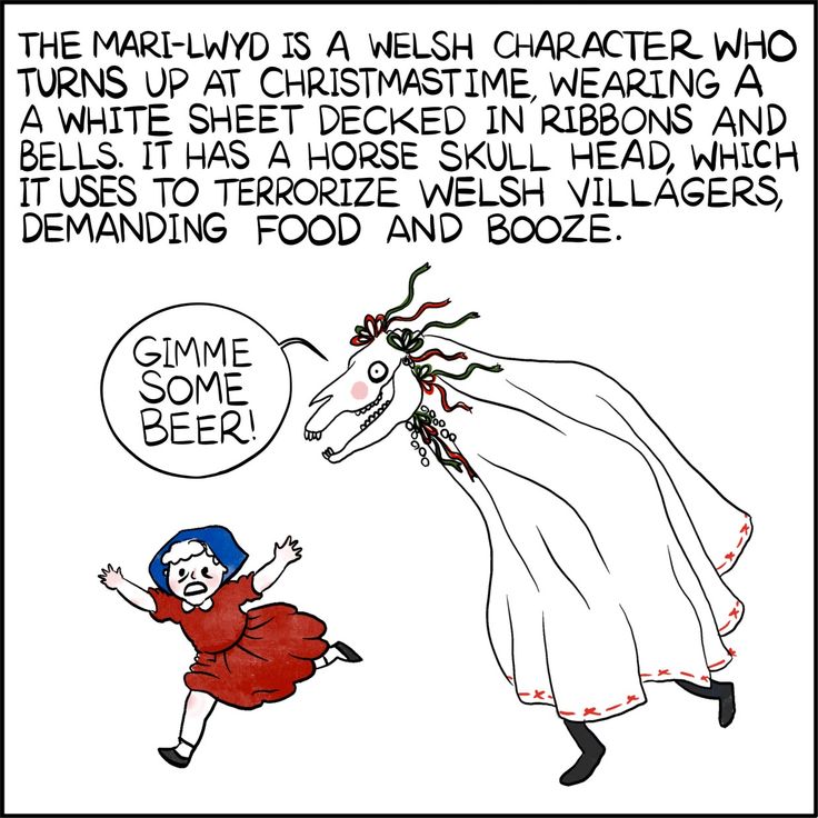 a cartoon drawing of a woman and a horse with words on the side saying,'the mar - lwd is a jewish character who turns up at christmas wearing a white