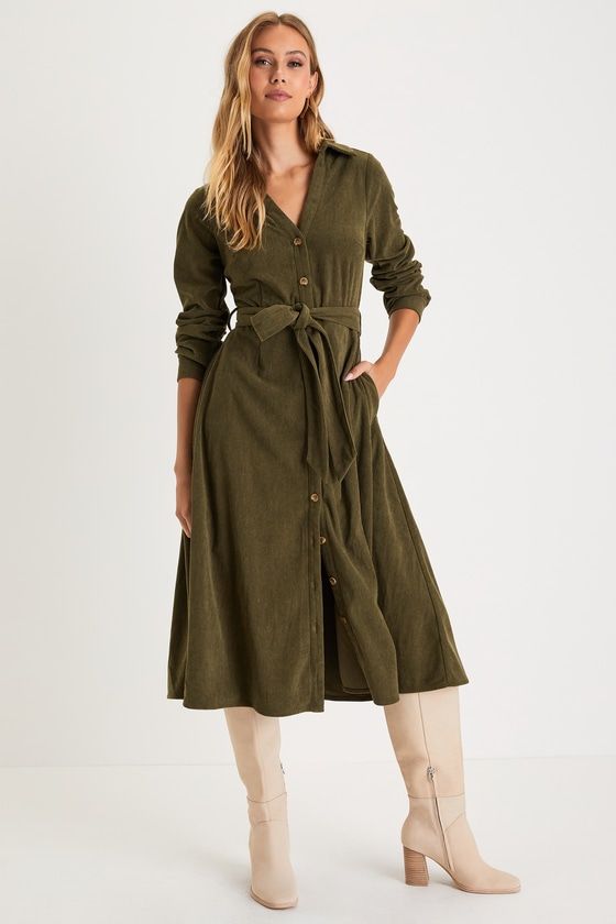 Casual Affection Olive Green Corduroy Midi Dress with Pockets Green Corduroy Shirt Dress, Family Photo Outfits Olive Green, Casual Midi Dress Outfit, Suede Dress Outfit, Winter Dress Casual, Mom Belly, True Autumn, Midi Dress With Pockets, Belly Pooch