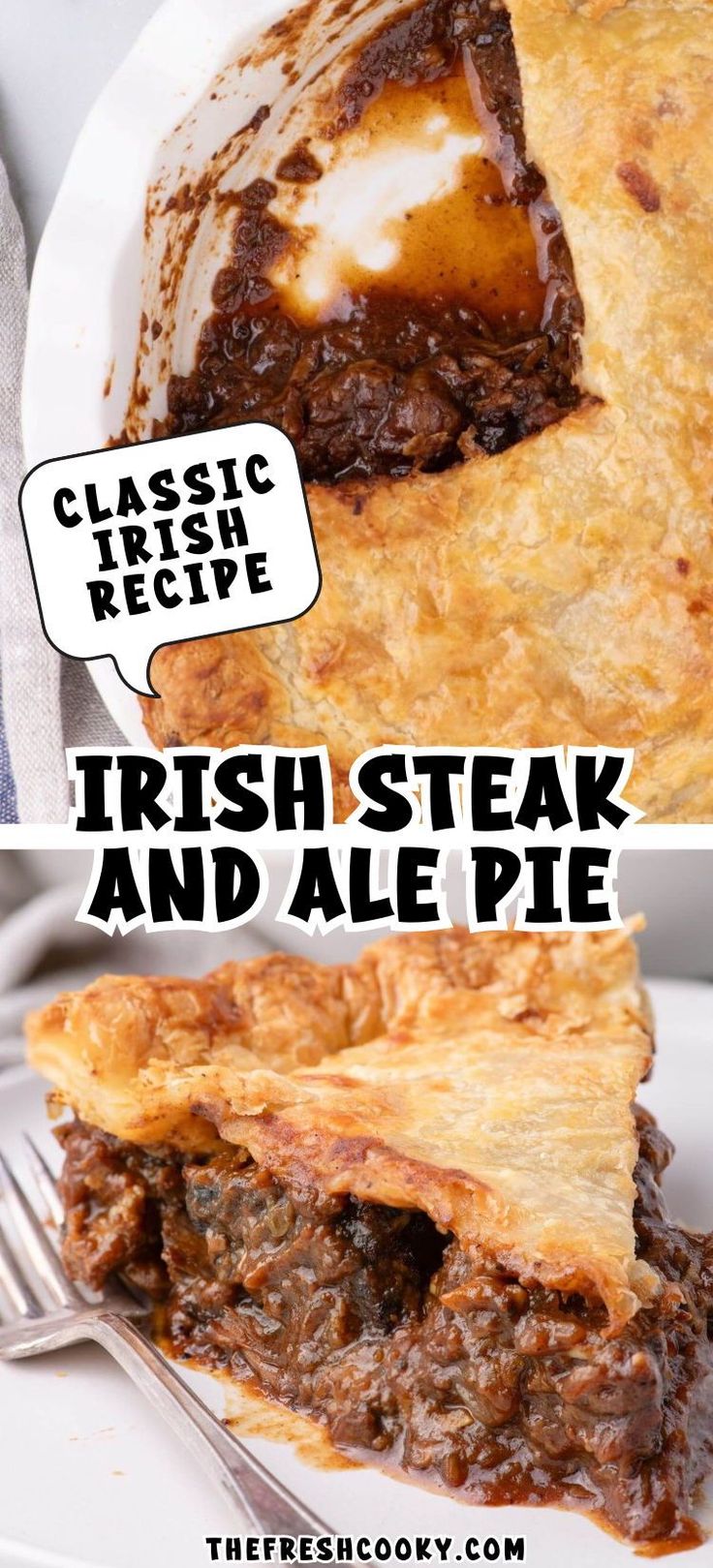 there is a piece of pie on the plate with a speech bubble above it that says, classic recipe irish steak and ale pie