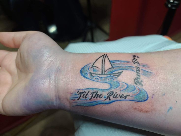 River and Sailboat Tattoo River Tattoo For Women Simple, River Song Tattoo, River Name Tattoo, River Tattoo Ideas, Stream Tattoo River, River Tattoo, Simple Girl, Creative Tattoos, Tatting