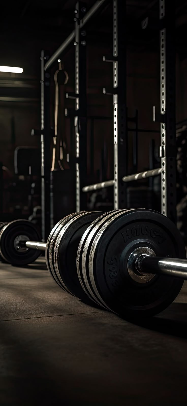 a row of barbells in a dark gym with no one around them or on the ground