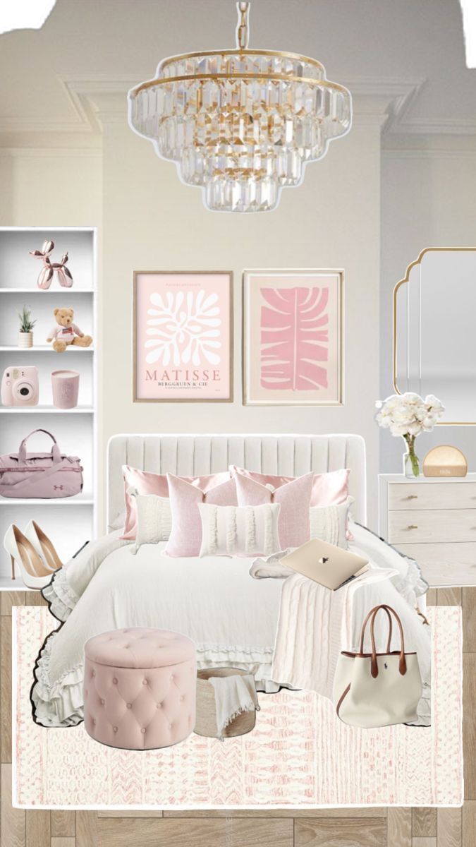 a bedroom decorated in pink, white and gold with chandelier above the bed