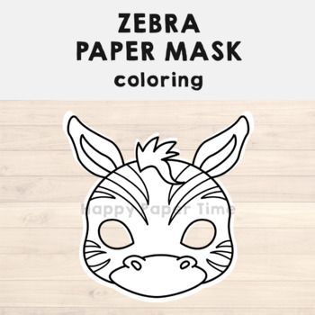 zebra mask coloring page with the text zebra paper mask coloring in black and white on wood background