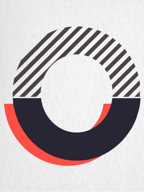 the letter o is made up of black, red and gray stripes on a white background