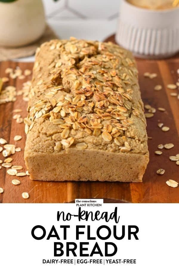 no - knead oat flour bread on a cutting board with text overlay