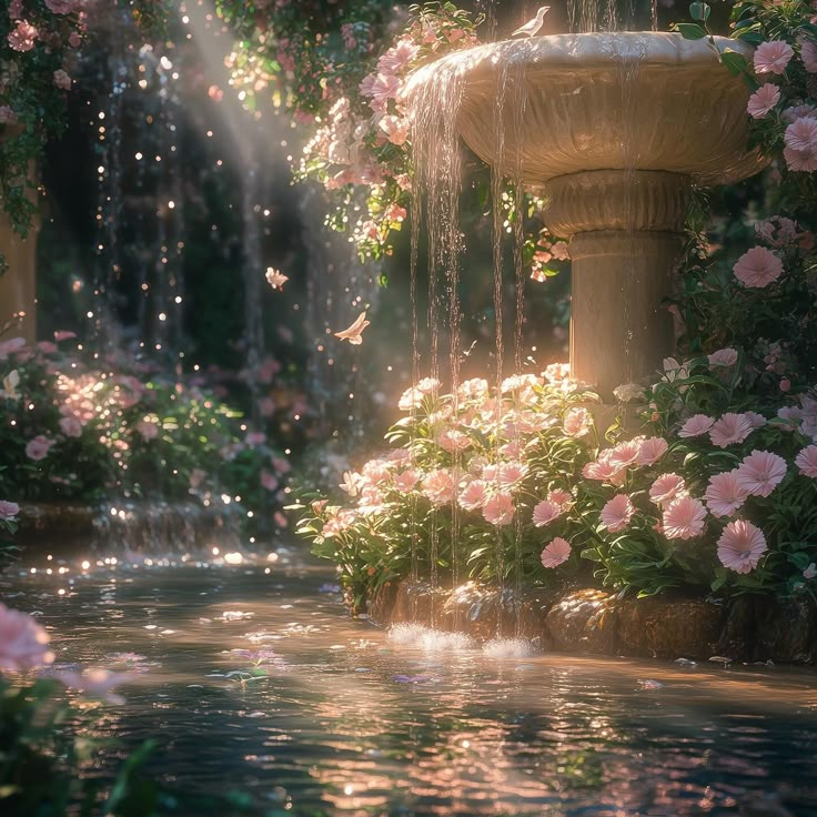 a fountain surrounded by pink flowers and greenery