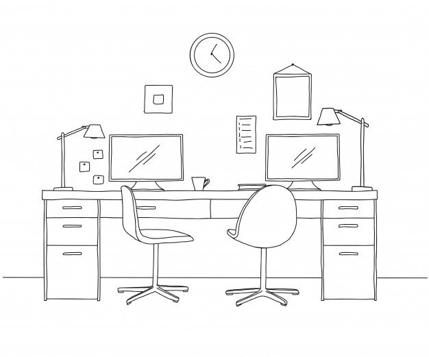 a line drawing of a desk with two computer screens and a chair in front of it