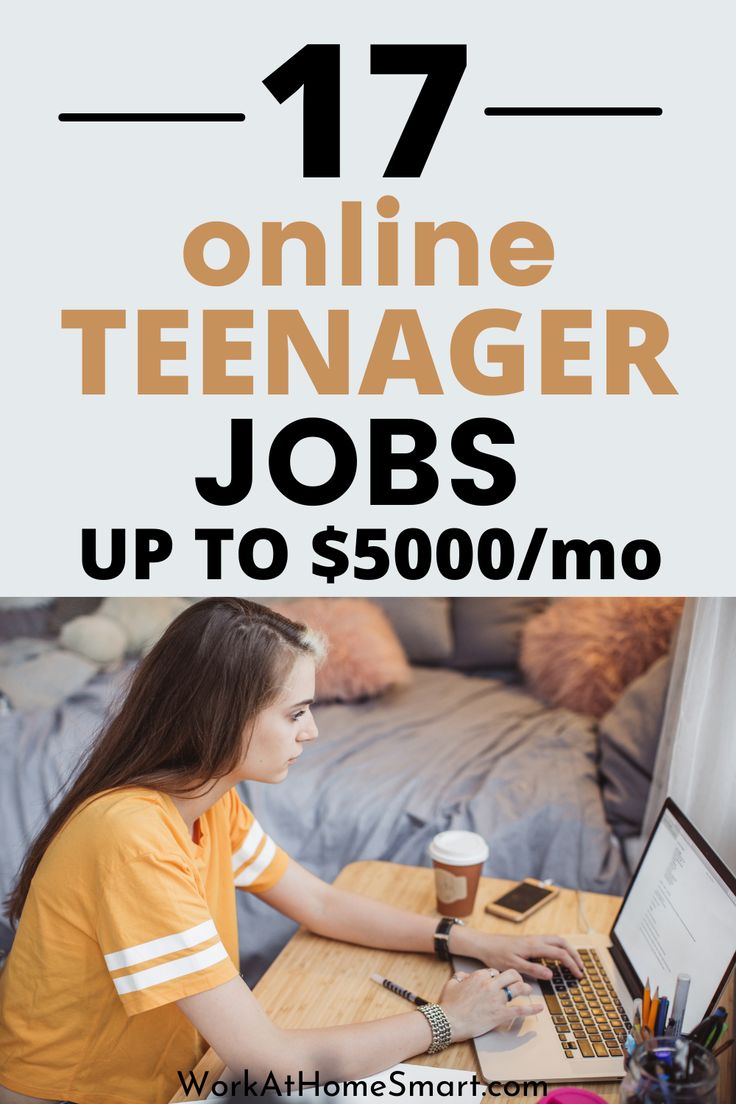 a woman sitting in front of a laptop computer on top of a wooden table with the words 17 online teenager jobs up to $ 500 / mo