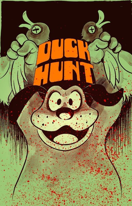 a poster with an image of a dog wearing a hat that says duck hunt on it