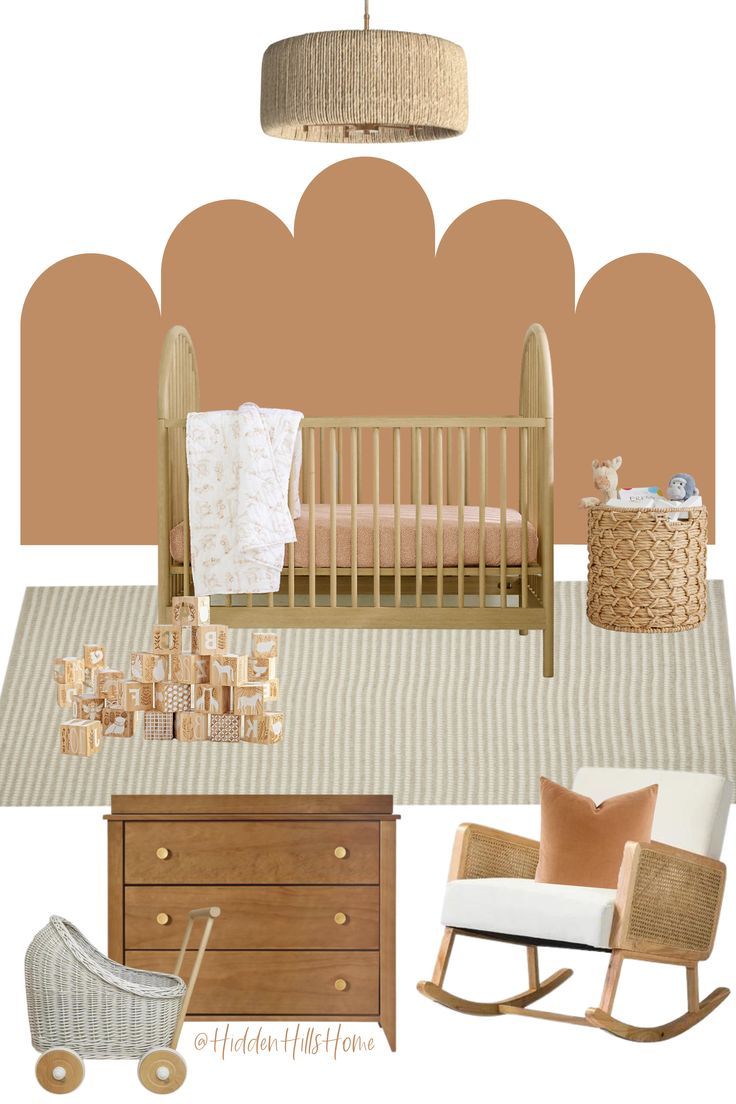 a baby's nursery room with neutral colors and accessories, including a rocking chair