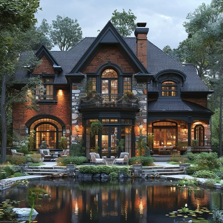 a large house with a pond in front of it