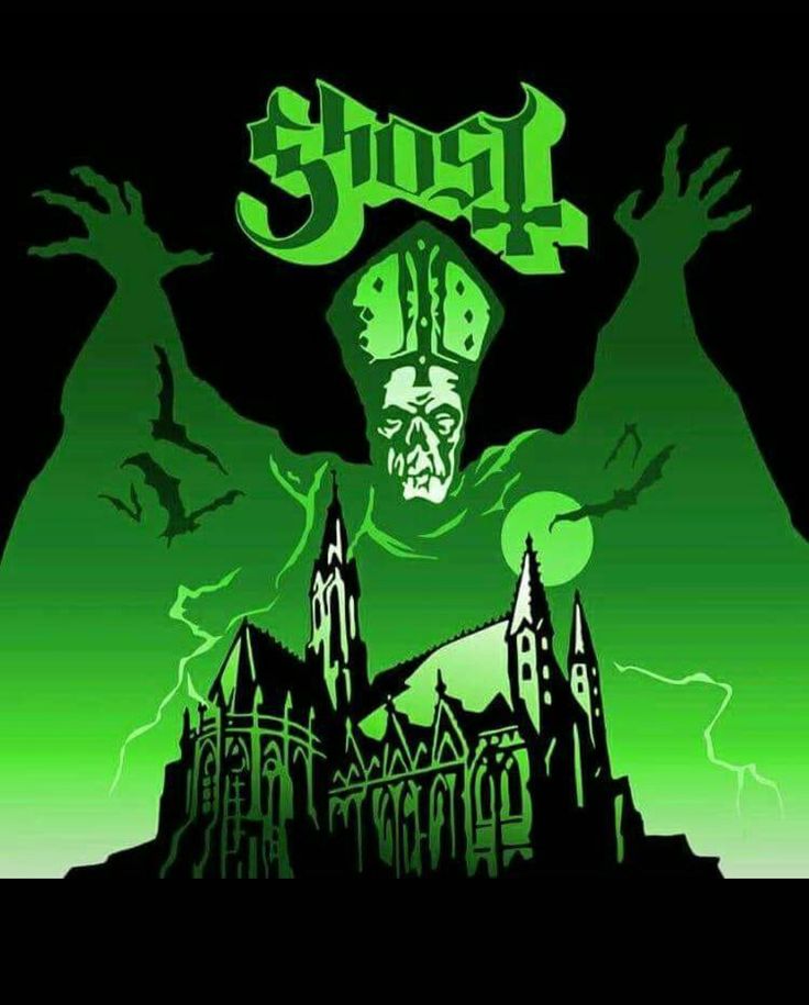 a green and black poster with an image of a man standing in front of a castle