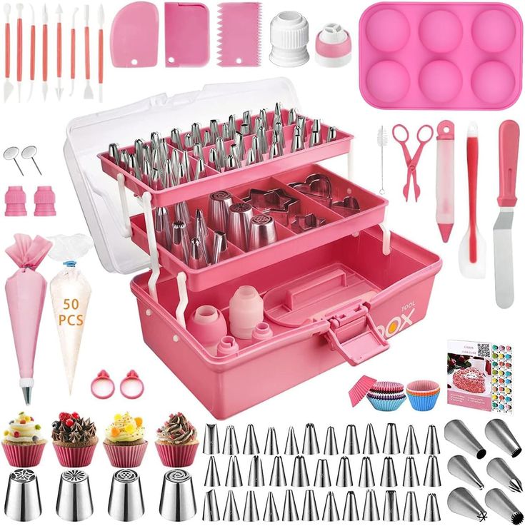 a pink cake decorating kit with baking utensils and cupcakes in it