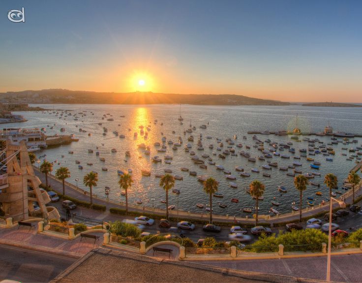 the sun is setting over a harbor with boats on it and palm trees in the foreground