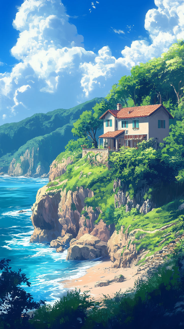 a painting of a house on a cliff overlooking the ocean