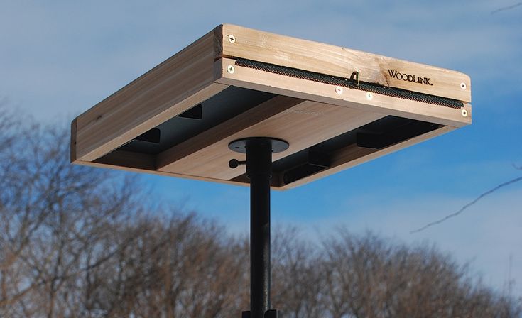 a wooden box sitting on top of a metal pole in front of some bare trees