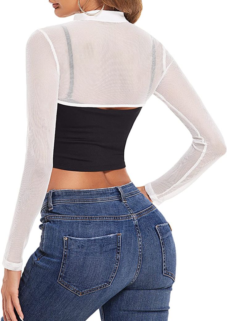 95% Polyester. 5% Spandex Pull On closure Hand Wash Only Material : This Mesh Crop Tops is made of 95% polyester 5% spandex. The skin friendly material is breathable and comfortable. so you will not feel itchy when wearing on it. Features: This long sleeve see through crop top features mesh material. mock neck. slim fit. pull on closure and perfect sleeve length. Simple but super trendy and eyecatching! Ocassion: You can pair this sheer crop tops with any dress/strappy clothes/sleeveless tops an High Stretch Workout Tops For Spring, Spring Workout Stretch Tops, Stretch Long Sleeve Summer Tops, Stretch Mesh Sleeve Crop Top, Stretch Nylon Crop Top, White High Stretch Long Sleeve Top, Stretch Tops With Mesh Sleeves For Layering, High Stretch Long Sleeve Tops For Summer, White Stretch Elastane Crop Top