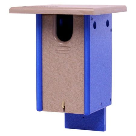 a blue birdhouse with the door open