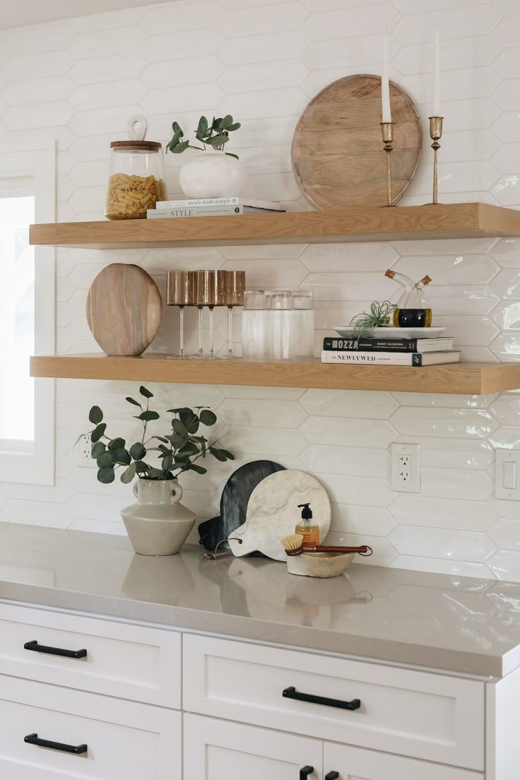 the kitchen counter is clean and ready to be used as a place for cooking or eating