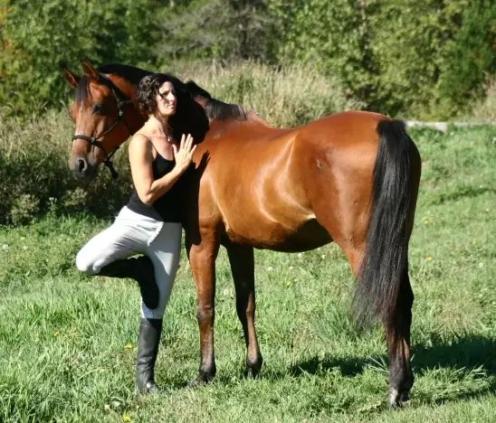 a woman standing next to a brown horse