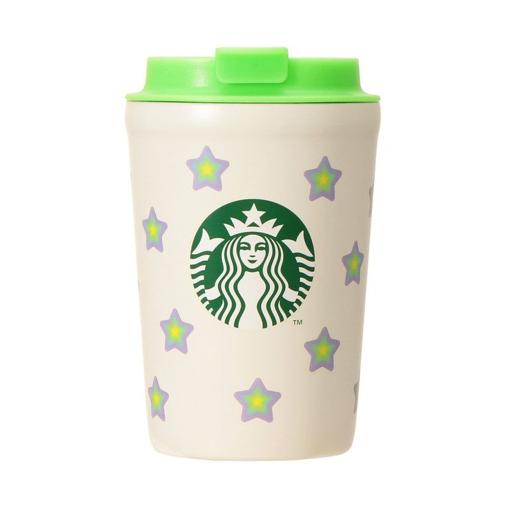 a starbucks cup with green lid and stars on the side, sitting in front of a white background