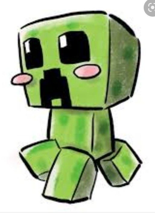 a drawing of a green creeper with black eyes and pink nose, sitting in front of a white background