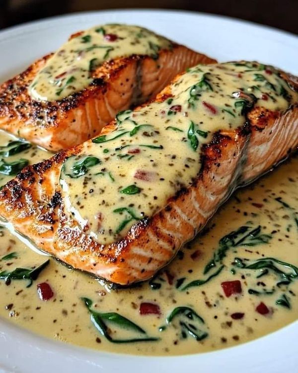 two salmon fillets on a white plate covered in sauce