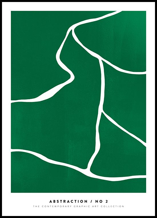 a green and white poster with a road going through the center, in front of a black frame