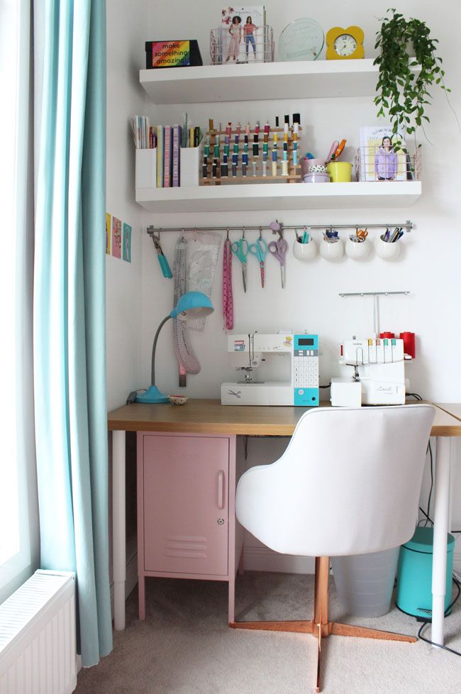 a sewing room with shelves, desk and chair