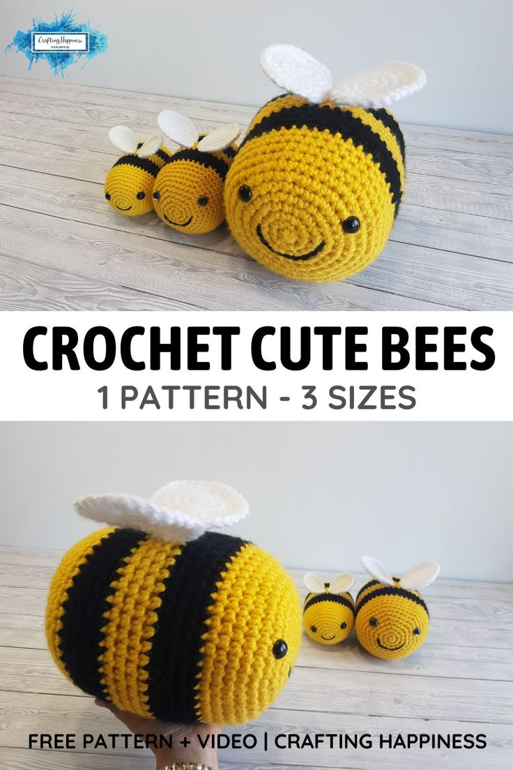 two crocheted stuffed animals made to look like bees