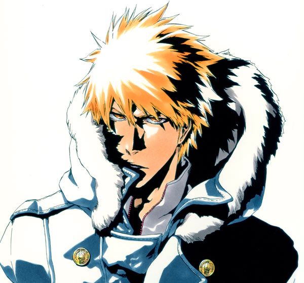 an anime character with white hair and orange eyes wearing a fur lined coat, looking to the side