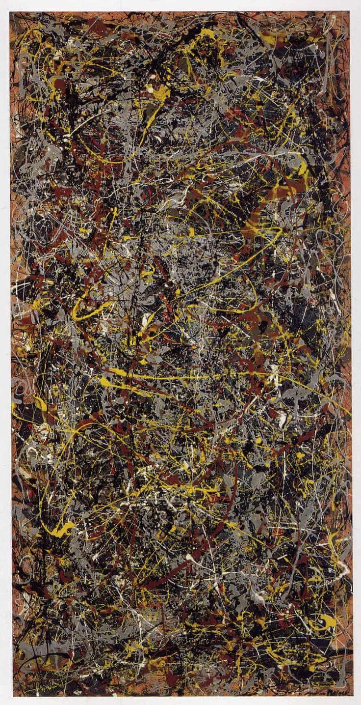 an abstract painting with black, yellow and red colors