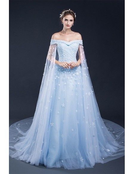 Blue Floral Off the Shoulder Long Tulle Wedding Dress #CH0087 $197 - GemGrace.com Off-shoulder Tulle Wedding Gown, Blue Off-shoulder Dress For Quinceanera, Blue Off-shoulder Quinceanera Dress, Prom Dress Off The Shoulder, African Prom Dress, Sky Blue Prom Dress, Short Sleeve Prom Dresses, Blue Wedding Dress, Prom Dresses Off The Shoulder